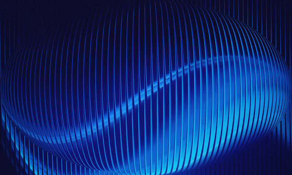 Abstract futuristic 3D ellipsoid oval form with vertical fluted ribbed texture and dark blue glowing wave pattern