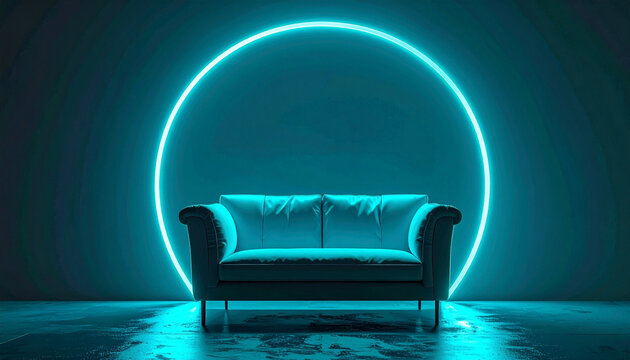 Modern minimalist living room interior with a stylish sofa illuminated by a glowing cyan neon circular light ring on a dark wall. Futuristic ambient lighting background for product mockup.