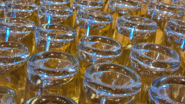 Automated bottling line moving champagne or white wine bottles in a winery, showcasing the industrial production of sparkling wine and alcoholic beverages for commercial use