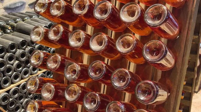 Rose wine bottles aging on a traditional riddling rack in a wine cellar for champagne or sparkling wine production, highlighting the fermentation process and beverage industry