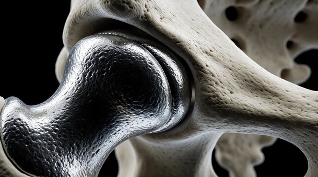 Detailed anatomical illustration of human hip joint with metal prosthetic ball, socket. Medical surgery replacement for bone arthritis injury. Bionic titanium implant shows artificial joint structure