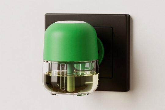 Green electric mosquito repellent device plugged into wall socket. Insect killer liquid dispenser operates indoors, protecting against bugs. Modern home appliance for summer comfort.