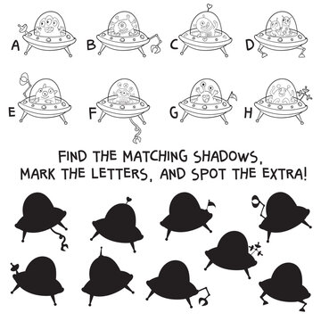 Educational UFO coloring puzzle for children. Match each flying saucer to its silhouette, mark the correct letter, and find the extra shadow to develop visual perception, attention, and logic.