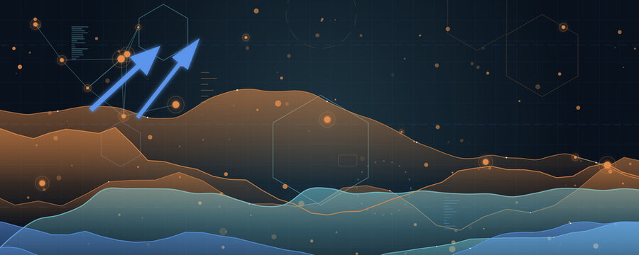 Financial data visualization chart with growth arrows and digital analytics on a dark blue background