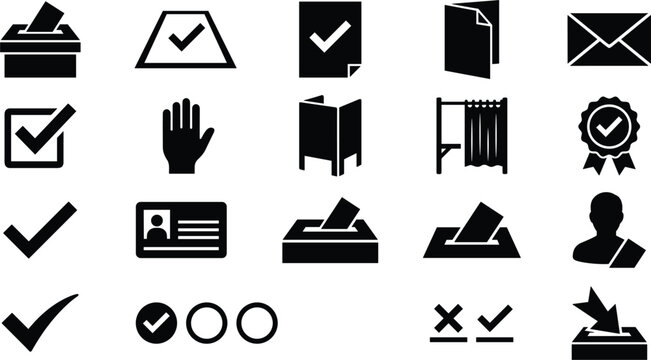 Election voting icon collection featuring ballot boxes, check marks, voter cards, polling booths, ballots, approval symbols, and electoral participation