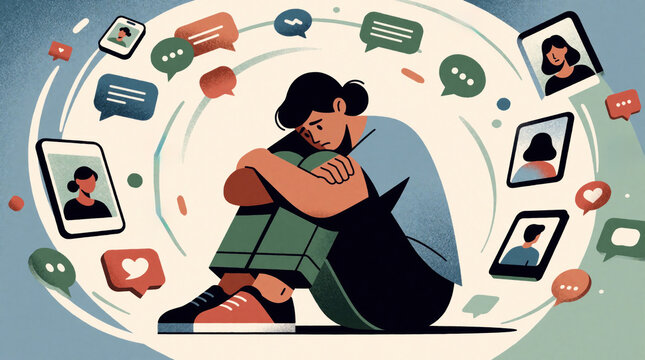 Stressed young woman sits alone hugging knees feeling overwhelmed by social media. Digital icons, chat bubbles, smartphone screens swirl around head. Concept of mental health, anxiety, digital