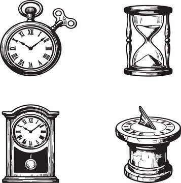 Clock vector illustration set with pocket watch hourglass grandfather clock and sundial on white background