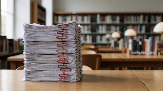 Stack of thick scientific journals, medical documents on wooden library table. Pile of bound academic papers with red clips for research. Scholarly literature, clinical study reports ready for review