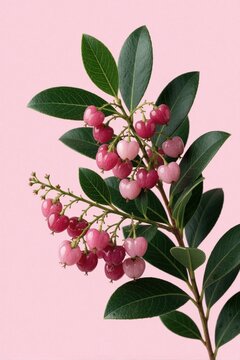 Lilly pilly branch with pink berries and dark green leaves on soft pink background. Healthy food nature element, ripe fruit for jam or garnish. Small heart shape fruits.