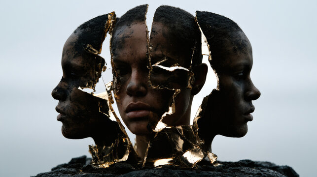 Three Fragmented Male Faces with Broken Black and Gold Surfaces (illustration)
