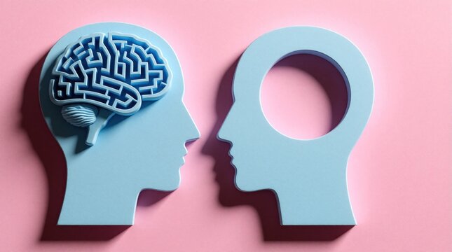 Two blue profile head sculptures face each other on pink background. One head has maze brain, other is empty inside. Symbolizes creativity intellect and contrasting minds.