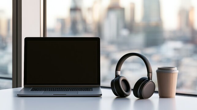 Laptop, headphones, and coffee cup on a modern desk, representing remote work, online learning, productivity, and a flexible digital lifestyle with a city view