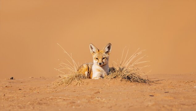 Fennec fox resting in dry scrubgrass on a sandy desert dune