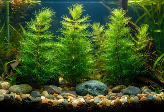 Aquarium aquascaping and nature hobby, lush green aquatic plants with river stones in a freshwater tank for home interior decoration and relaxation