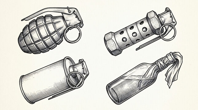 Tactical Utility Grenade Explosive Device Illustration Bundle Hand Drawn Detailed Fragmentation Flashbang Smoke Canister Pull Ring Molotov Bottle Cross Hatching Engraving White Background Stock