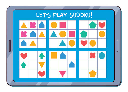 Kids sudoku puzzle with colorful shapes on a tablet screen. Educational matching and sequencing activity that develops logic, attention, and problem-solving skills in early learning.