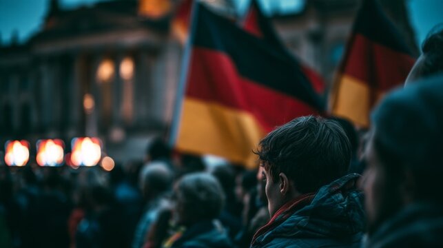 German flag waving against a background of people marching