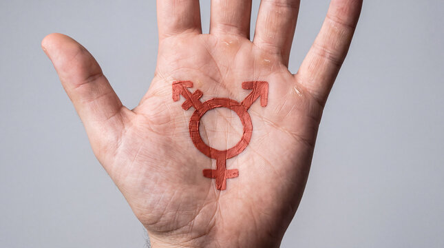 Close-up of an open human palm with a red transgender gender identity symbol painted in the center, representing diversity, equality, and human rights.