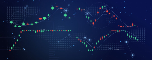 Financial stock market candlestick charts with digital trend lines on a dark blue data dashboard