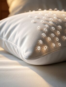 Microscopic dust mites crawl on white pillow fabric indoors. Tiny parasites spread on soft cushion surface, affecting sleep hygiene and causing allergies. Microbe infestation inside bedding.