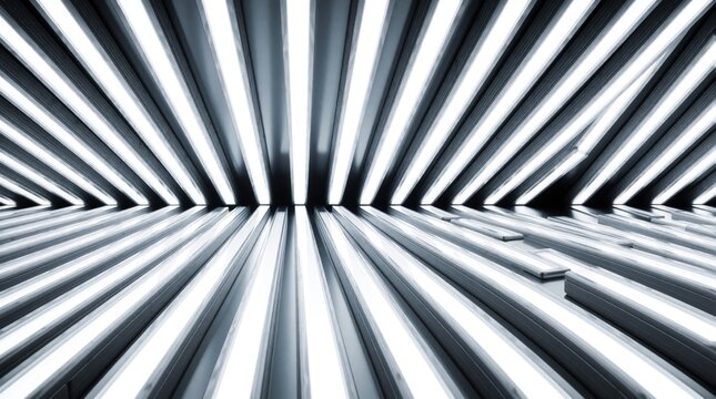 Abstract pattern of bright LED lighting strips in geometric rows. Futuristic lines of white light create glowing grid in dark space. High tech electronic components form parallel illumination layout