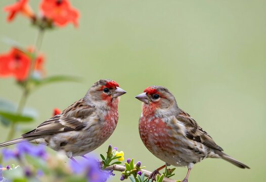 Nature conservation and biodiversity, two common linnets perched on a branch with colorful garden flowers in a spring meadow environment