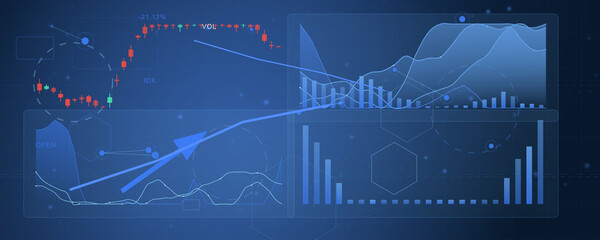 Financial data dashboard chart with candlestick graphs and trend arrows for investment analytics