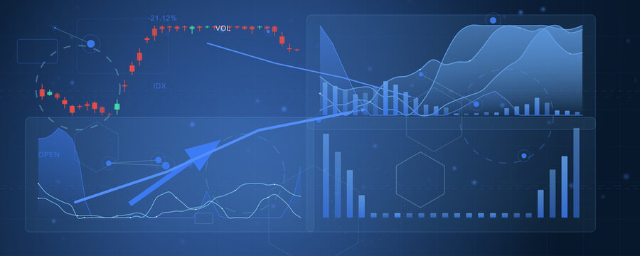 Financial data dashboard chart with candlestick graphs and trend arrows for investment analytics