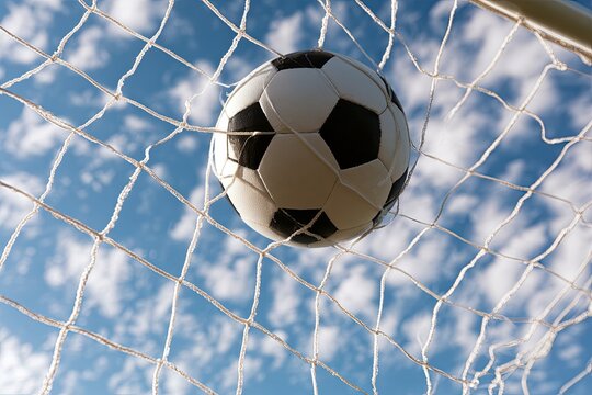 A soccer ball is caught in the white netting of a goal against a bright blue sky