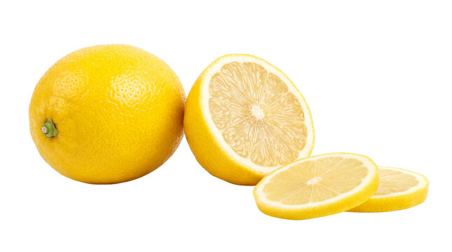 Fresh yellow lemon with half and round slices, vibrant citrus fruit for cooking and drinks, organic whole lemon and cut pieces isolated PNG with Transparent Background