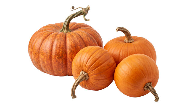 Fresh orange pumpkins with stems, group of four autumn squash for harvest decor, organic seasonal vegetables for thanksgiving and halloween isolated PNG with Transparent Background