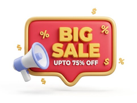 3D big sale banner with up to 75 percent off and megaphone sale tag promotional sign shopping ico
