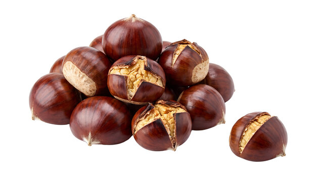 Roasted chestnuts with cross cuts, pile of cooked edible sweet chestnuts, organic brown autumn snacks for seasonal cooking isolated PNG with Transparent Background