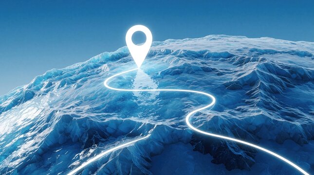 Glowing map pin marks route on icy terrain. Navigation line crosses abstract planet surface. Global travel path finding, destination discovery, adventure planning abstract concept.