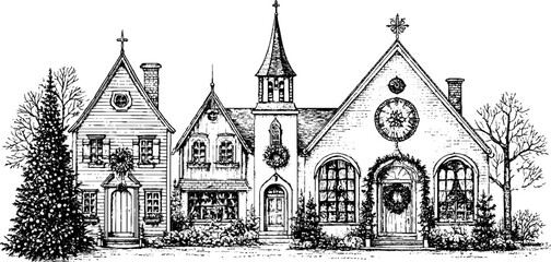 Obraz premium Antique engraved christmas village row of decorated houses with wreaths and fir tree for holiday card background and seasonal banner design