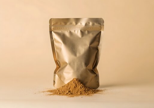 Standing resealable pouch with spilled powdered substance on light background