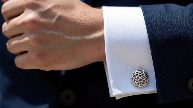 Man adjusts silver cufflink on white shirt sleeve. Dark blue suit jacket worn for formal occasion. Close up of elegant male accessory detail, showing texture and shine.
