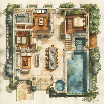 Luxurious home flat ground plan design with furniture, top view layout: two  bedrooms, bathroom,   kitchen with great open living space,room to personalize,terraced  garden with 2  swimming pools