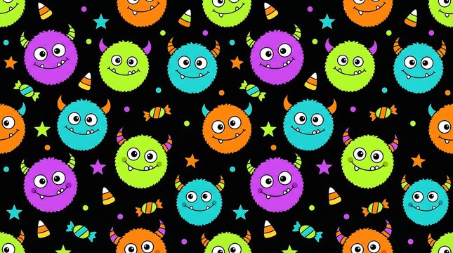Seamless pattern of cute colorful monsters with horns and candy corn on a solid black background des