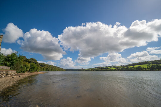 Panoramic view of the Fowey River valley in Cornwall on a sunny day
