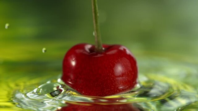 Super Slow Motion Shot of Fresh Cherry Falling into Water and Making Splash at 1000fps.