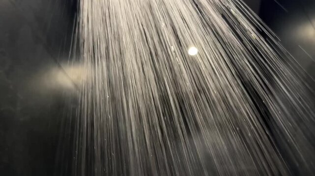 Running shower water streams in a bathroom show plumbing installation, repair and hot water supply from a sanitary fixture. Shower plumbing, bathroom service, water flow, home hygiene, fixture setup..