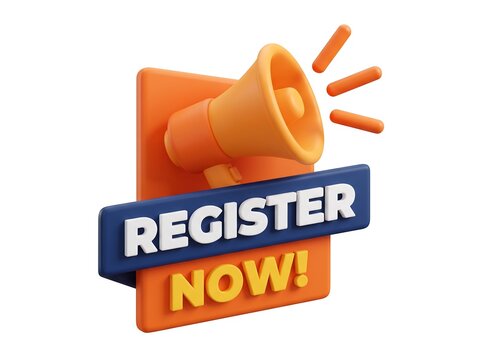 3D register now icon with megaphone for marketing and advertising call to action advertising sign