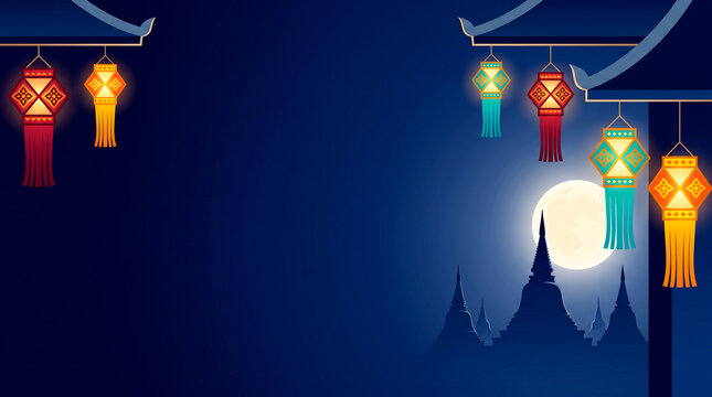 Flat Vector Buddhist Festival of Lights Background with Temple Silhouettes