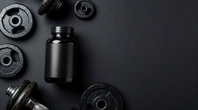 Fitness bottle and weights on dark surface. Supplement container next to dumbbell plates and barbell. Gym equipment flat lay for workout nutrition.