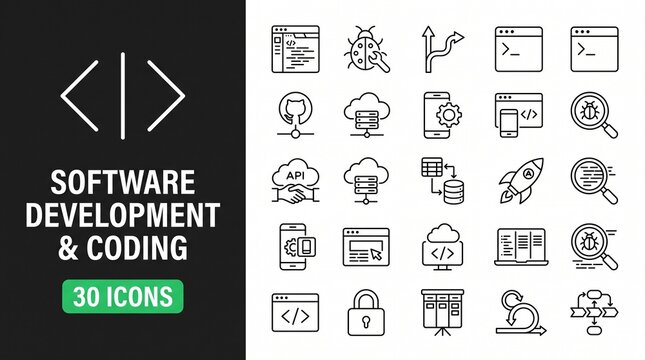 Software Development and Coding Icon Set with Programming Language, App Building, and Tech Engineering Symbols