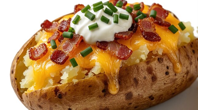Fluffy baked potato stuffed with melted cheddar cheese, crispy bacon bits, cool sour cream dollop, and fresh chives. Hearty comfort food dish, perfect for lunch or dinner.