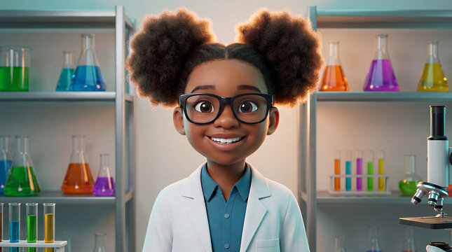 A smiling young Black girl with glasses, afro puffs and lab coat in a colorful laboratory with chemical flasks and microscope