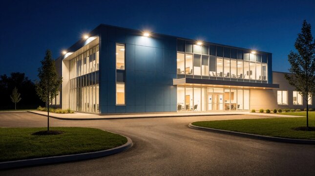 Modern medical clinic building exterior at night. Emergency care facility with illuminated windows and bright exterior lights. Suburban healthcare center for community well being.