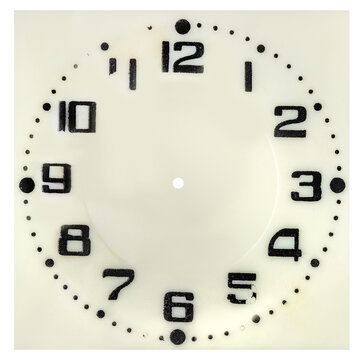 Isolated photo of plastic worn retro clock or watch face on white background.